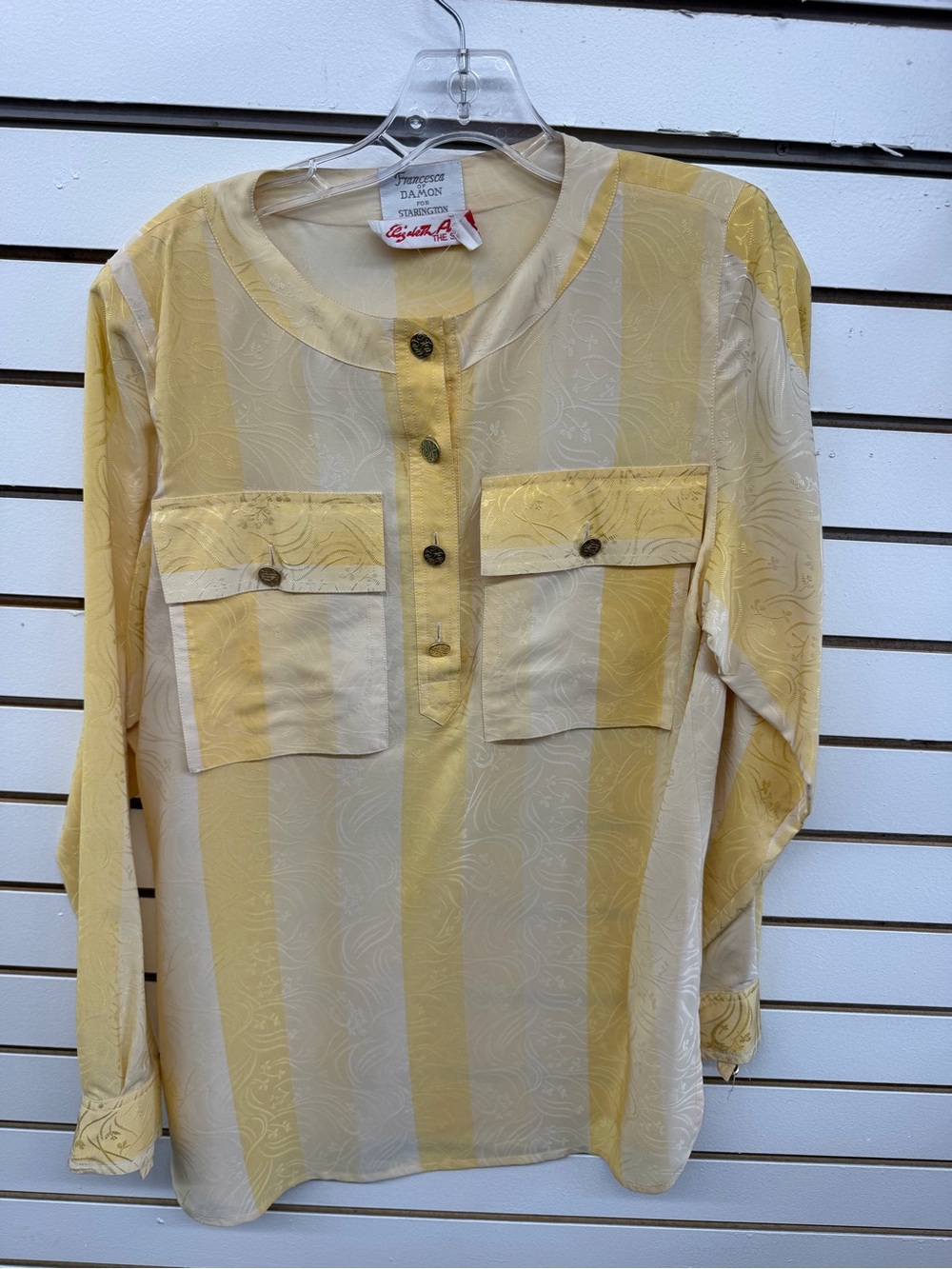 Vintage Francesca of Damon Yellow Stripe Jacquard Button Blouse Long Sleeve